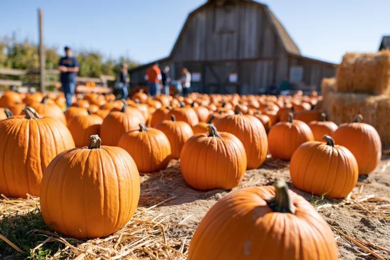 Pumpkins arranged in rows on hay-covered ground in front of a barn