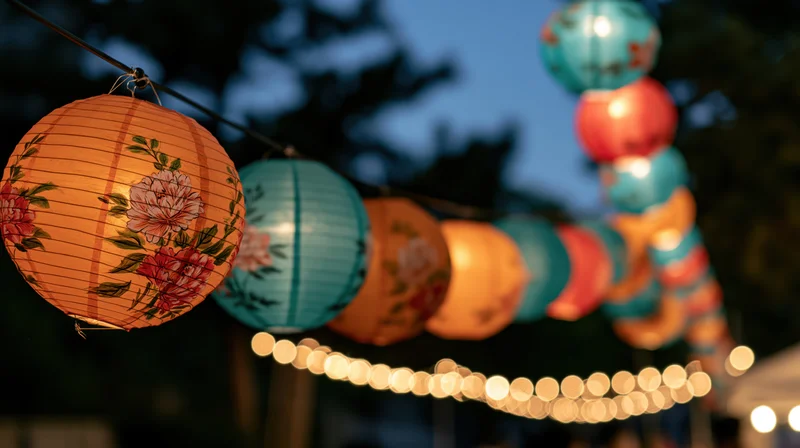 Glowing chinese paper lanterns hanging in a string outdoors at evening with floral patterns and warm light