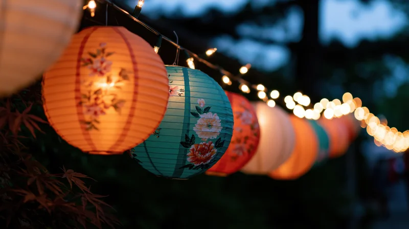 Glowing chinese paper lanterns with floral patterns hanging in a garden at twilight