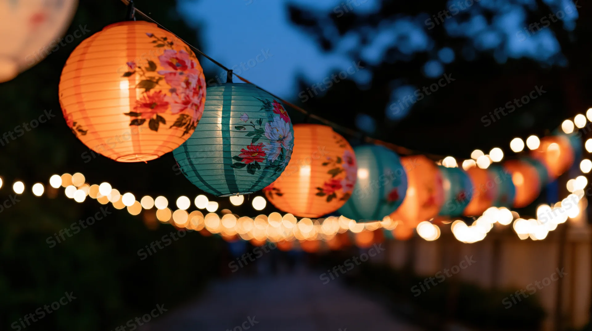 Glowing chinese paper lanterns strung over a garden pathway at evening