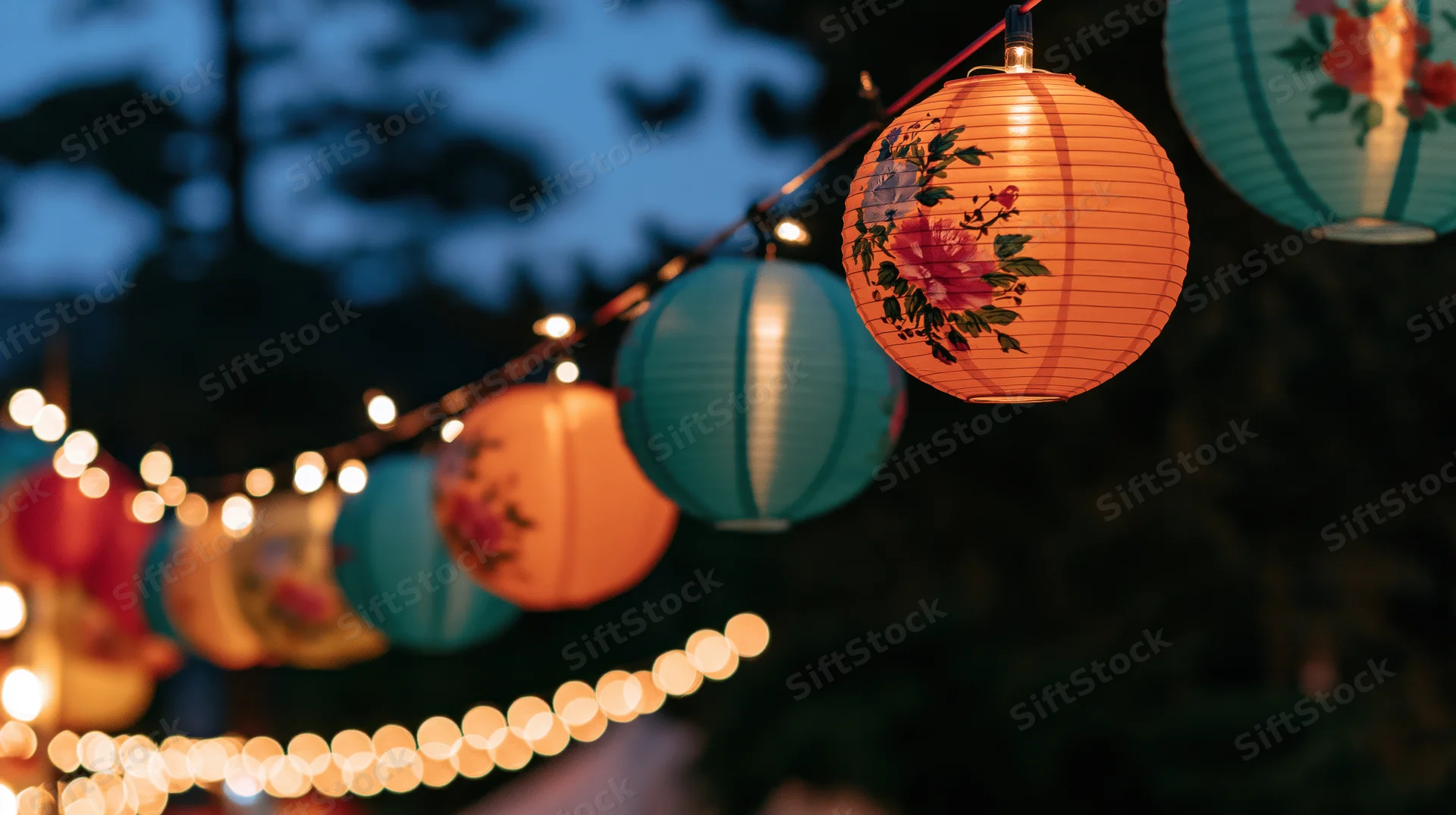Glowing chinese paper lanterns strung outdoors at night with floral patterns and warm string lights in a garden setting
