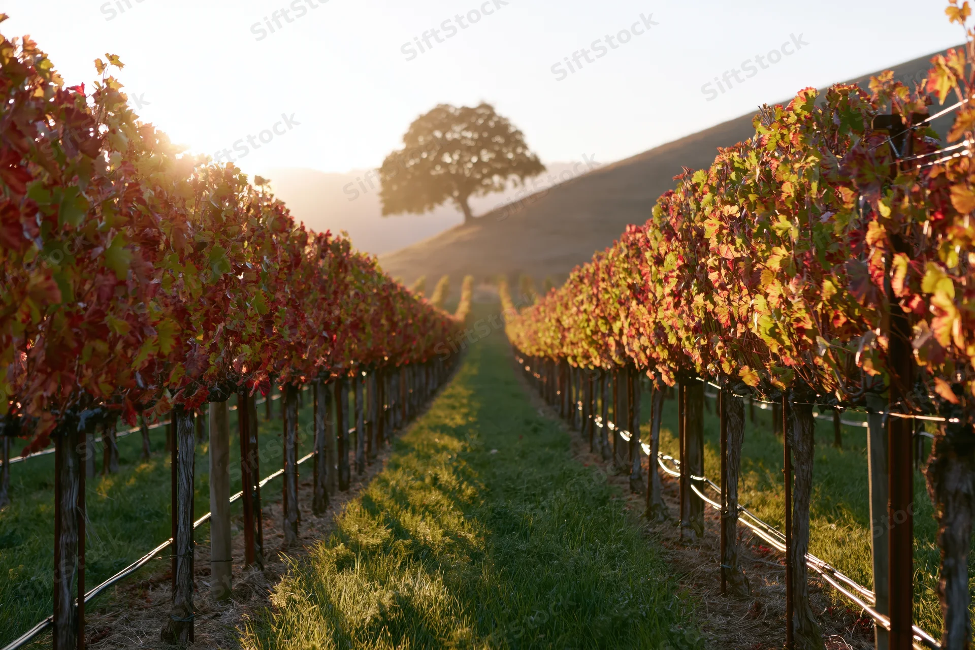 Rows of grapevines in autumn colors stretching toward a lone tree on a hill at sunset