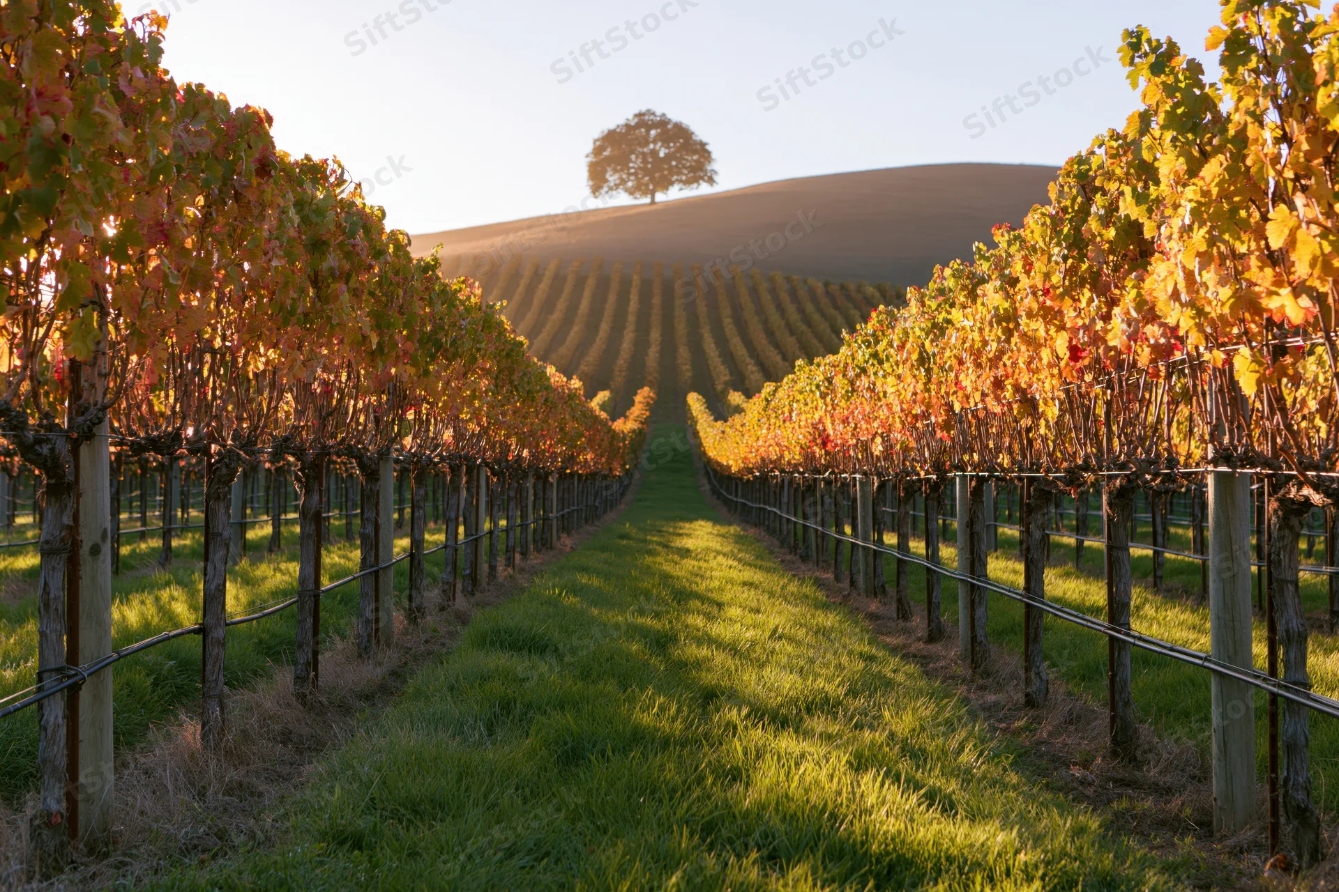 Rows of grapevines in autumn colors stretching toward a lone tree on a hill in a vineyard