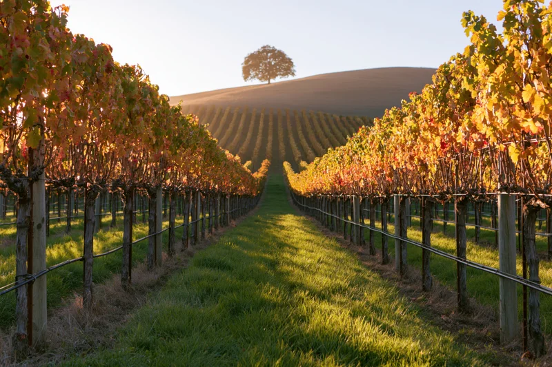 Rows of grapevines in autumn colors stretching toward a lone tree on a hill in a vineyard
