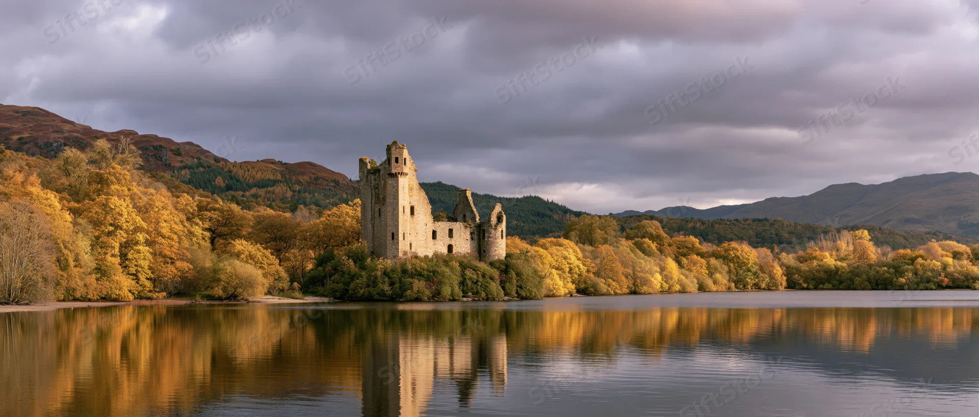 Medieval castle ruins on a lakeshore surrounded by autumn trees and mountains under cloudy sky