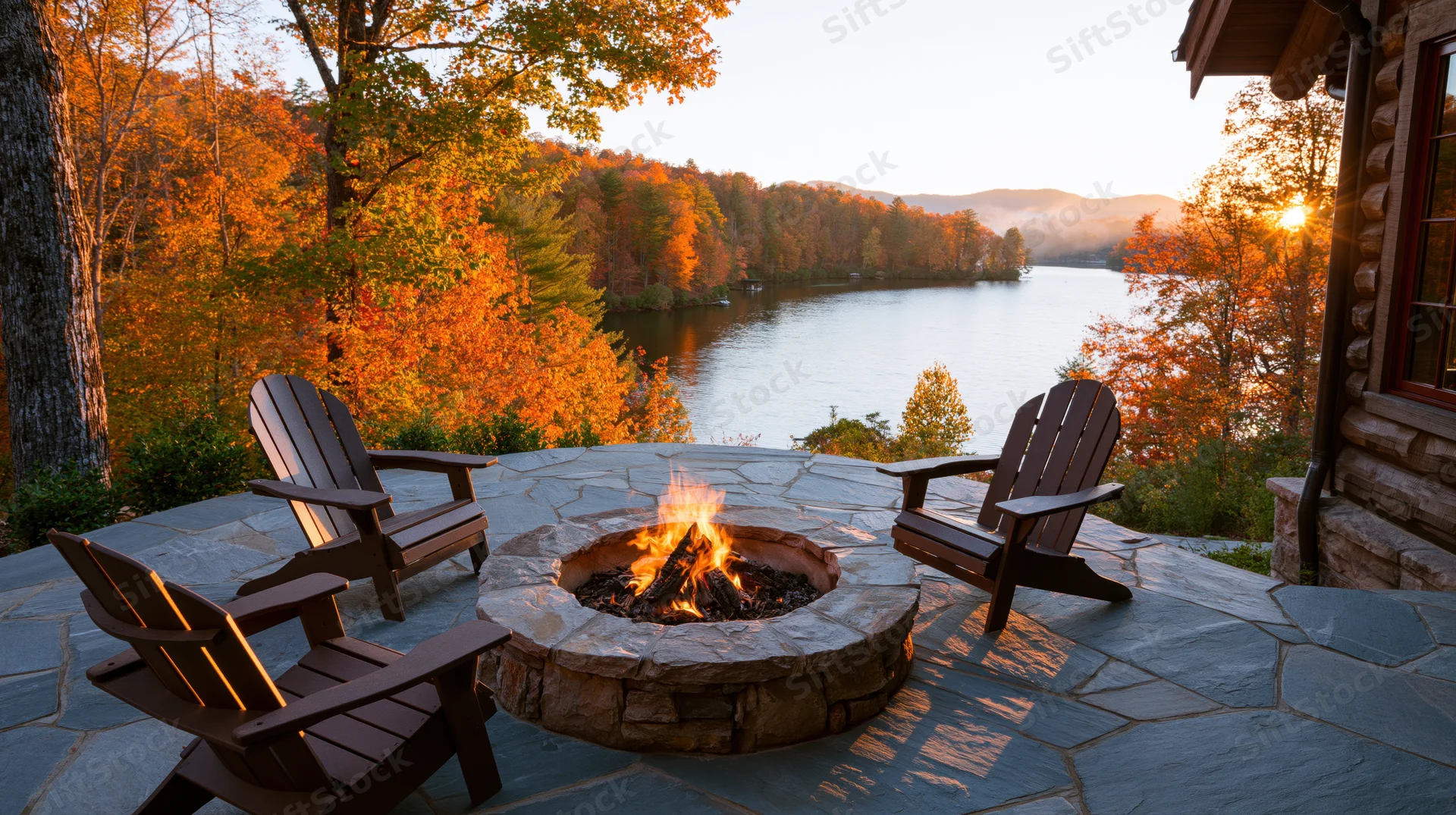 Stone firepit burning on a rustic cabin patio overlooking a lake at sunset in autumn