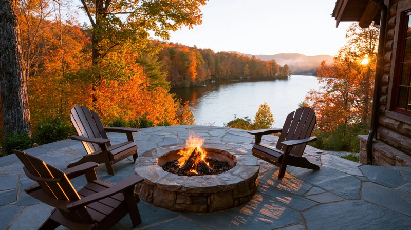 Stone firepit burning on a rustic cabin patio overlooking a lake at sunset in autumn