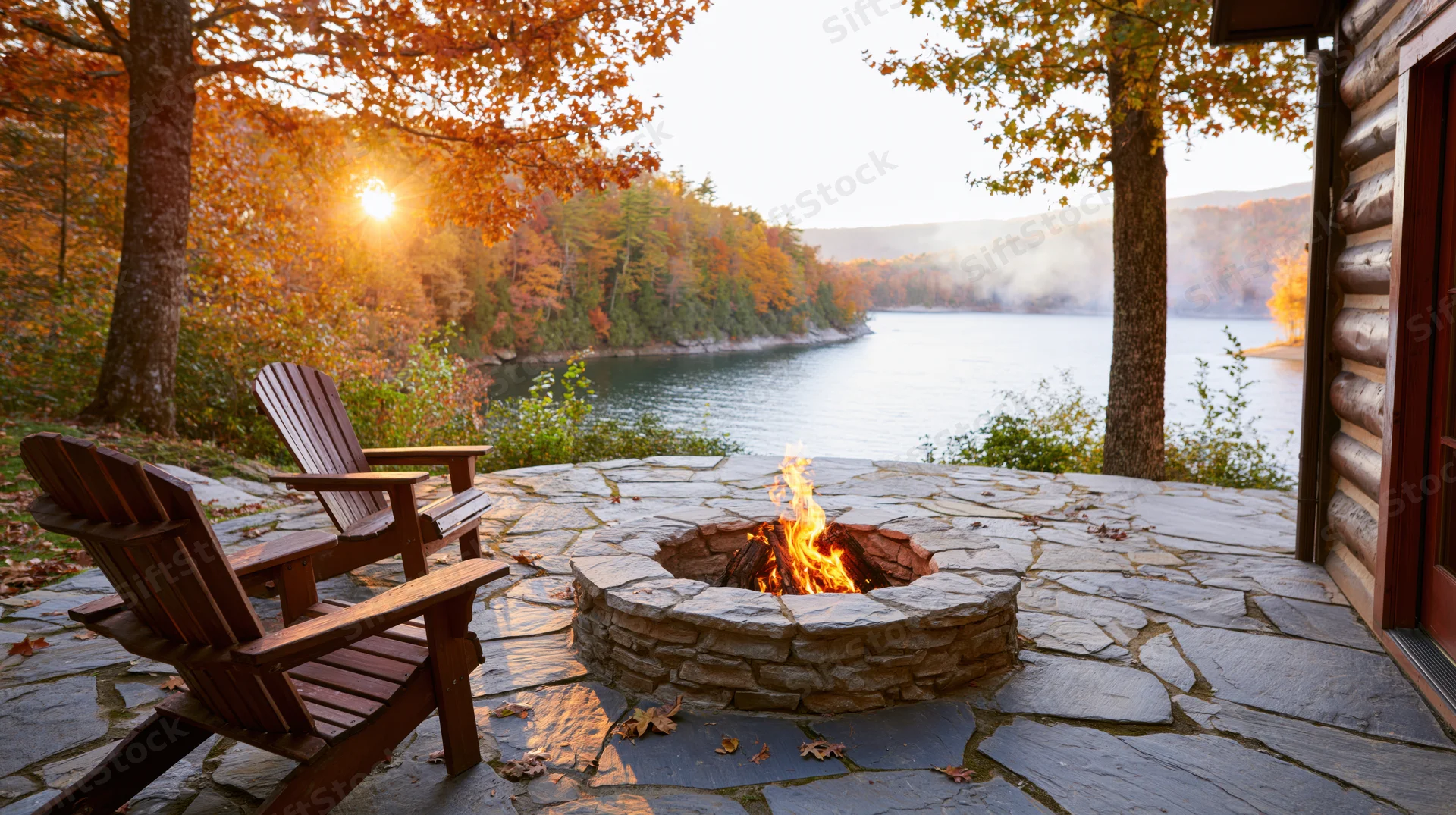 Stone firepit burning on a rustic cabin patio overlooking a lake at sunset in autumn