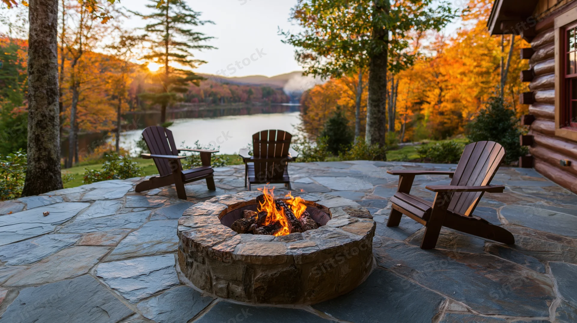 Stone firepit burning on a rustic log cabin patio overlooking a lake at sunset in autumn