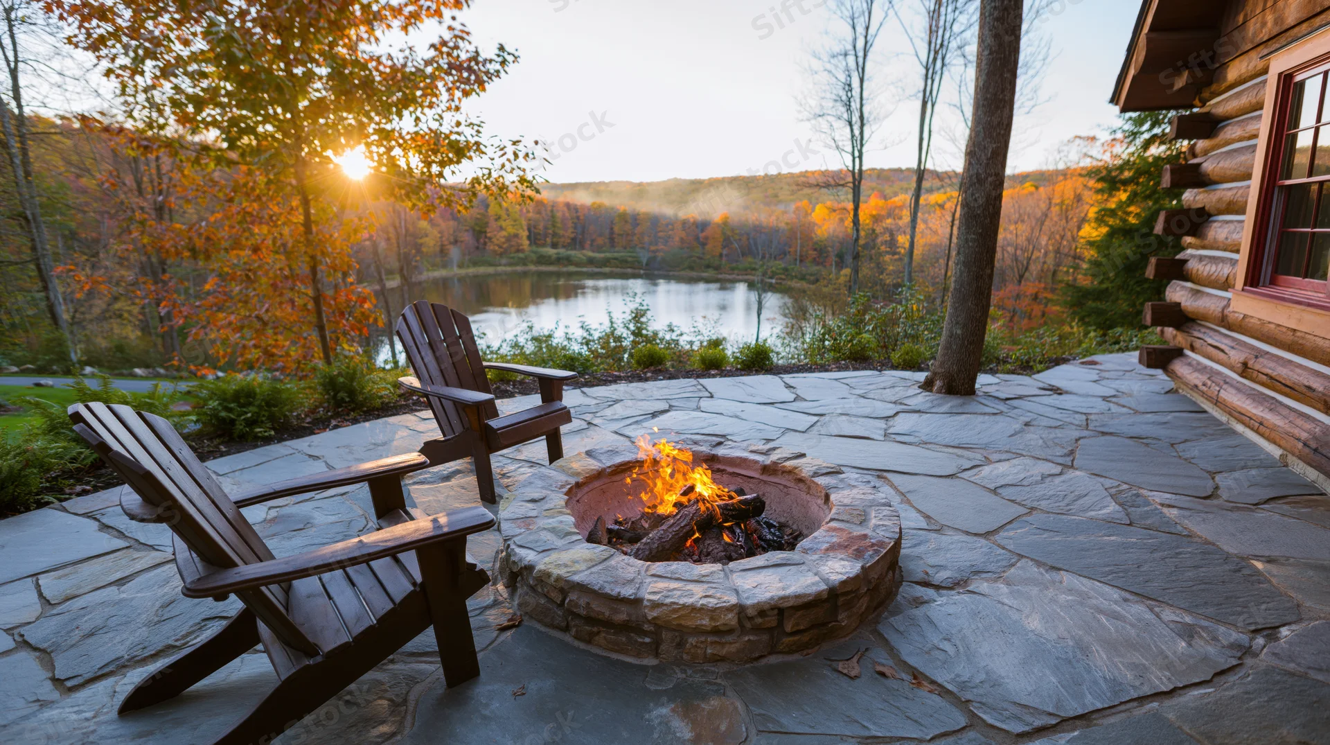 Stone firepit burning on a rustic cabin patio overlooking a lake at sunset in autumn
