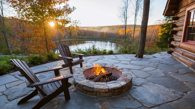 Stone firepit burning on a rustic cabin patio overlooking a lake at sunset in autumn