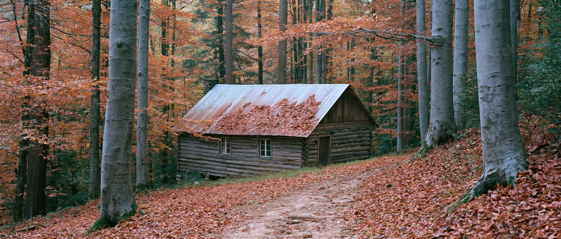 Rustic log cabin with metal roof surrounded by autumn forest and fallen leaves along a dirt path