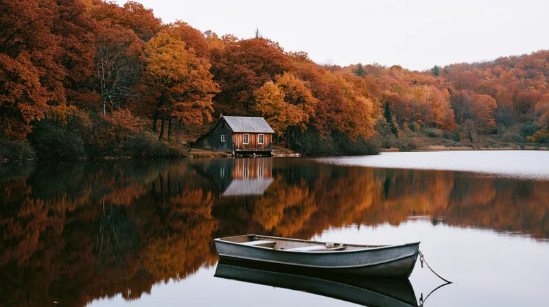 Rustic wooden cabin at lakeshore surrounded by autumn forest with boat in calm water reflecting trees
