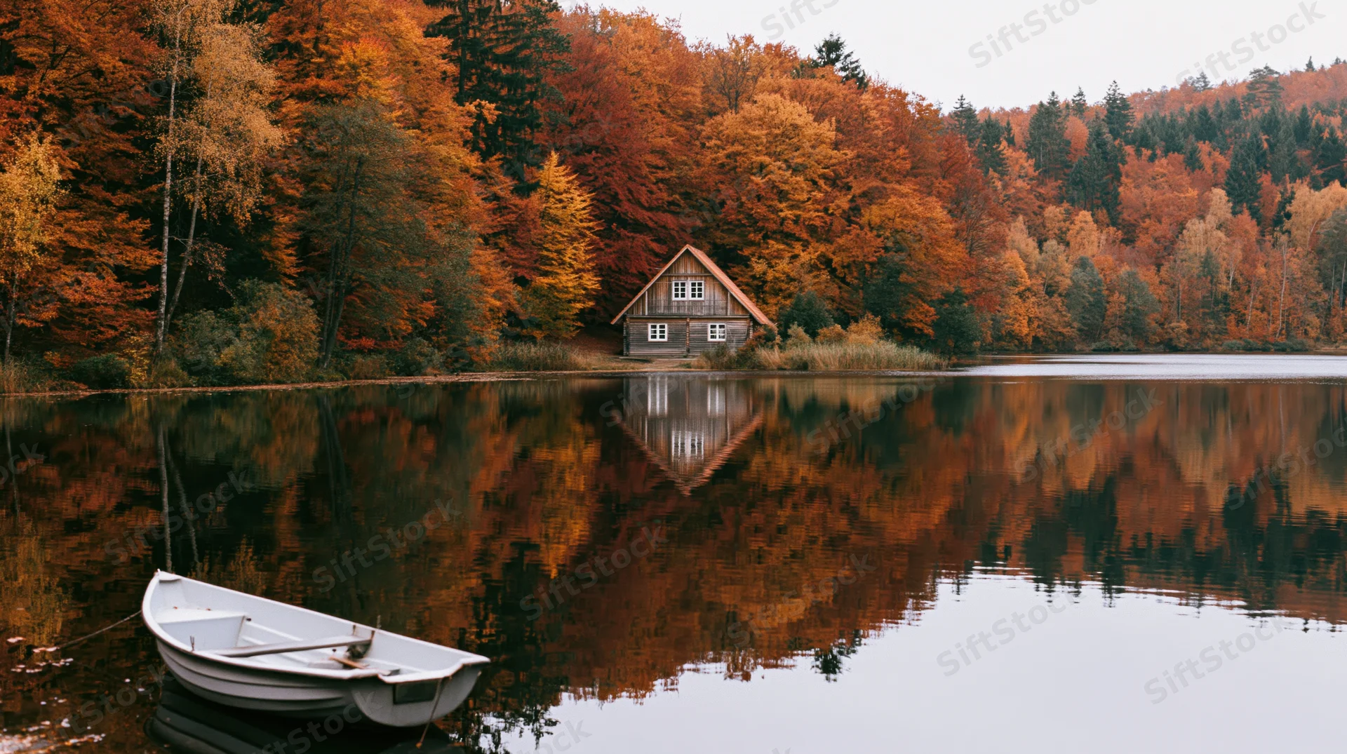 Rustic wooden cabin reflected in calm lake water surrounded by autumn forest
