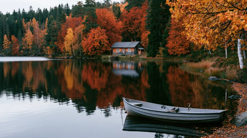 Rustic wooden cabin at lakeside surrounded by autumn trees with a small boat in calm water reflecting the colorful foliage
