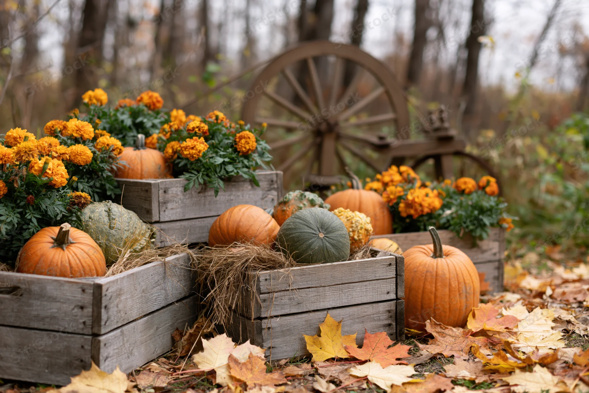 Pumpkins and marigolds in wooden crates with hay and autumn leaves in a forest setting