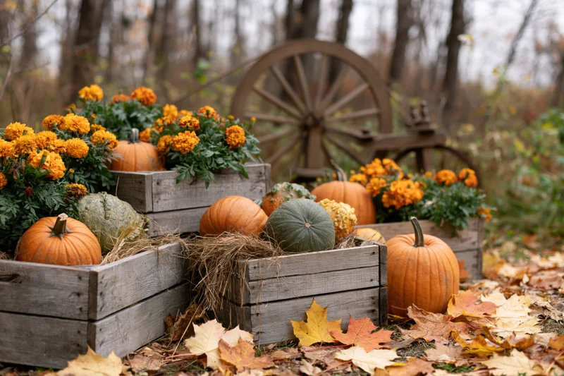 Pumpkins and marigolds in wooden crates with hay and autumn leaves in a forest setting