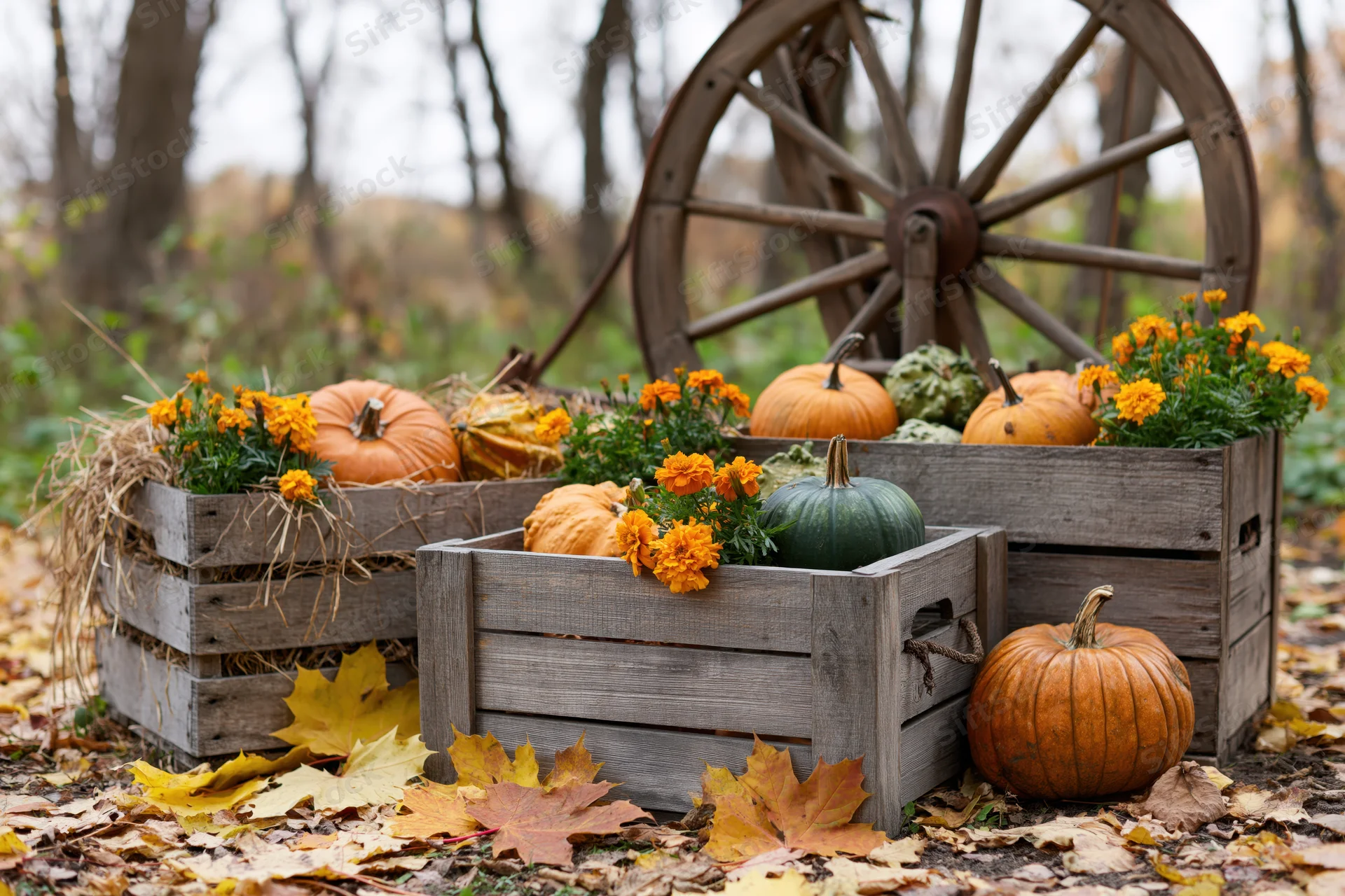 Wooden crates filled with pumpkins and marigolds in an autumn garden setting