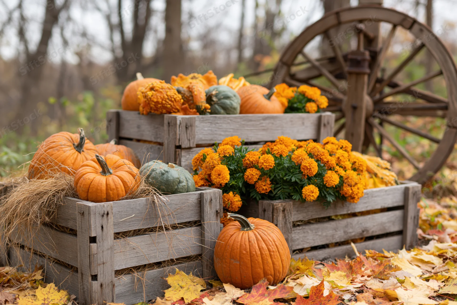 Pumpkins and marigolds in wooden crates surrounded by fallen leaves near a wagon wheel