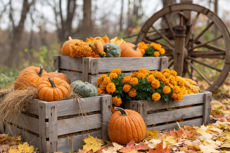 Pumpkins and marigolds in wooden crates surrounded by fallen leaves near a wagon wheel