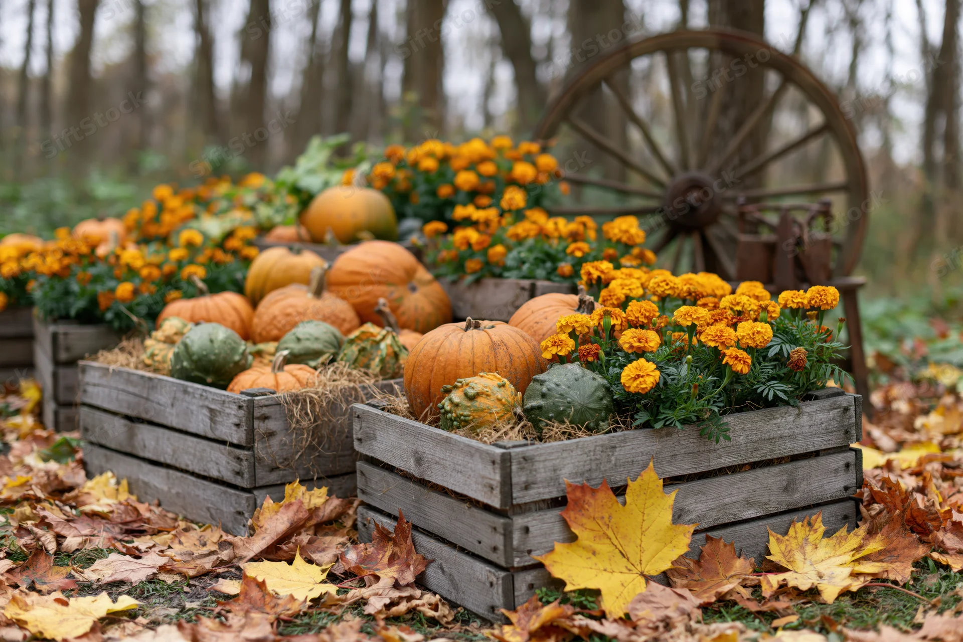 Wooden crates filled with pumpkins and marigolds in a forest setting surrounded by fallen leaves