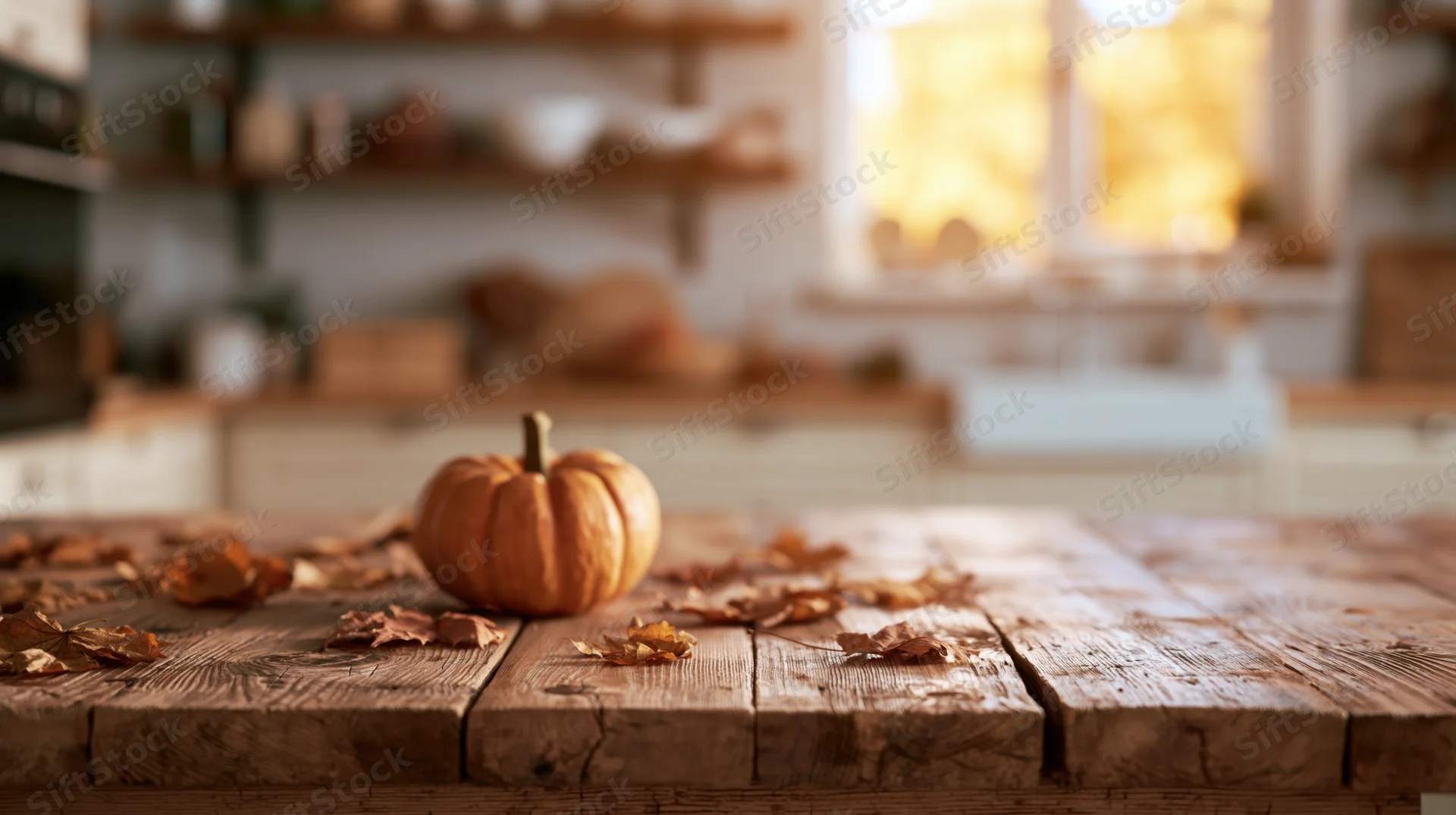 Small pumpkin with dried leaves on rustic wooden kitchen table in warm autumn light