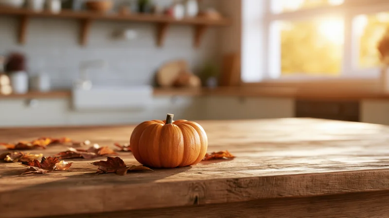 Small pumpkin on a rustic wooden kitchen table surrounded by autumn leaves near a sunlit window