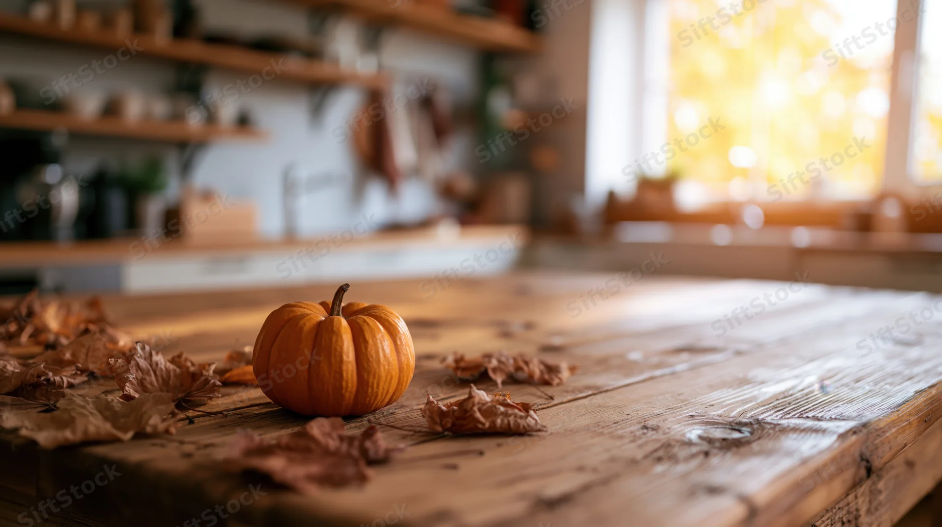 Small orange pumpkin and dried leaves on a rustic wooden kitchen table near a sunlit window