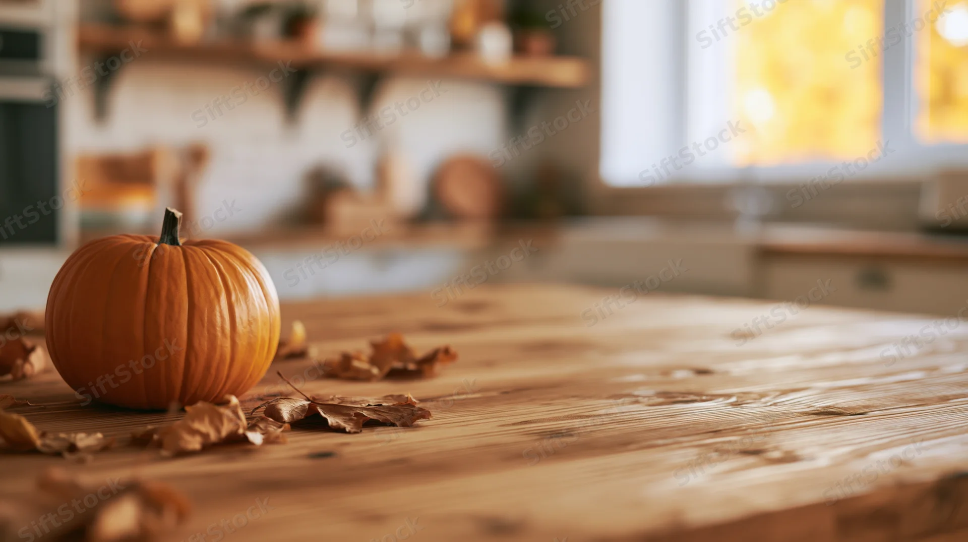 Small pumpkin and dried leaves on a rustic wooden kitchen table with soft autumn light through window