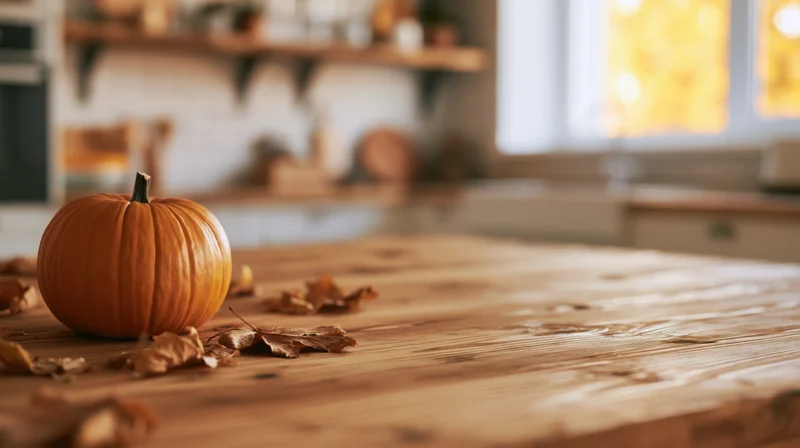 Small pumpkin and dried leaves on a rustic wooden kitchen table with soft autumn light through window