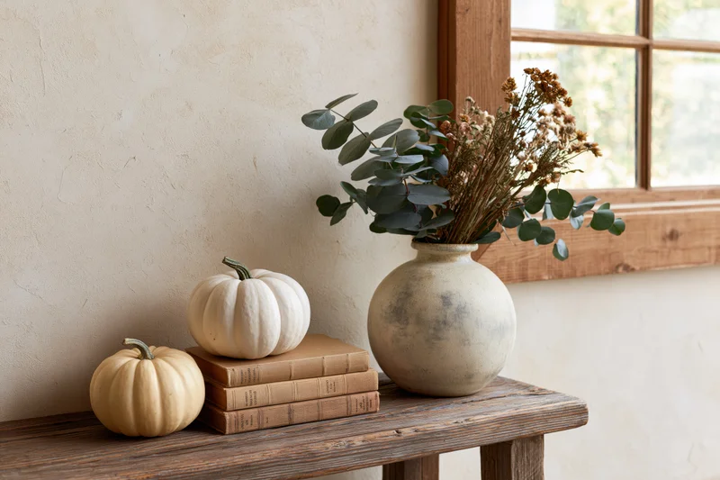 Rustic wooden bench with pumpkins, books, and dried flowers arranged by a window
