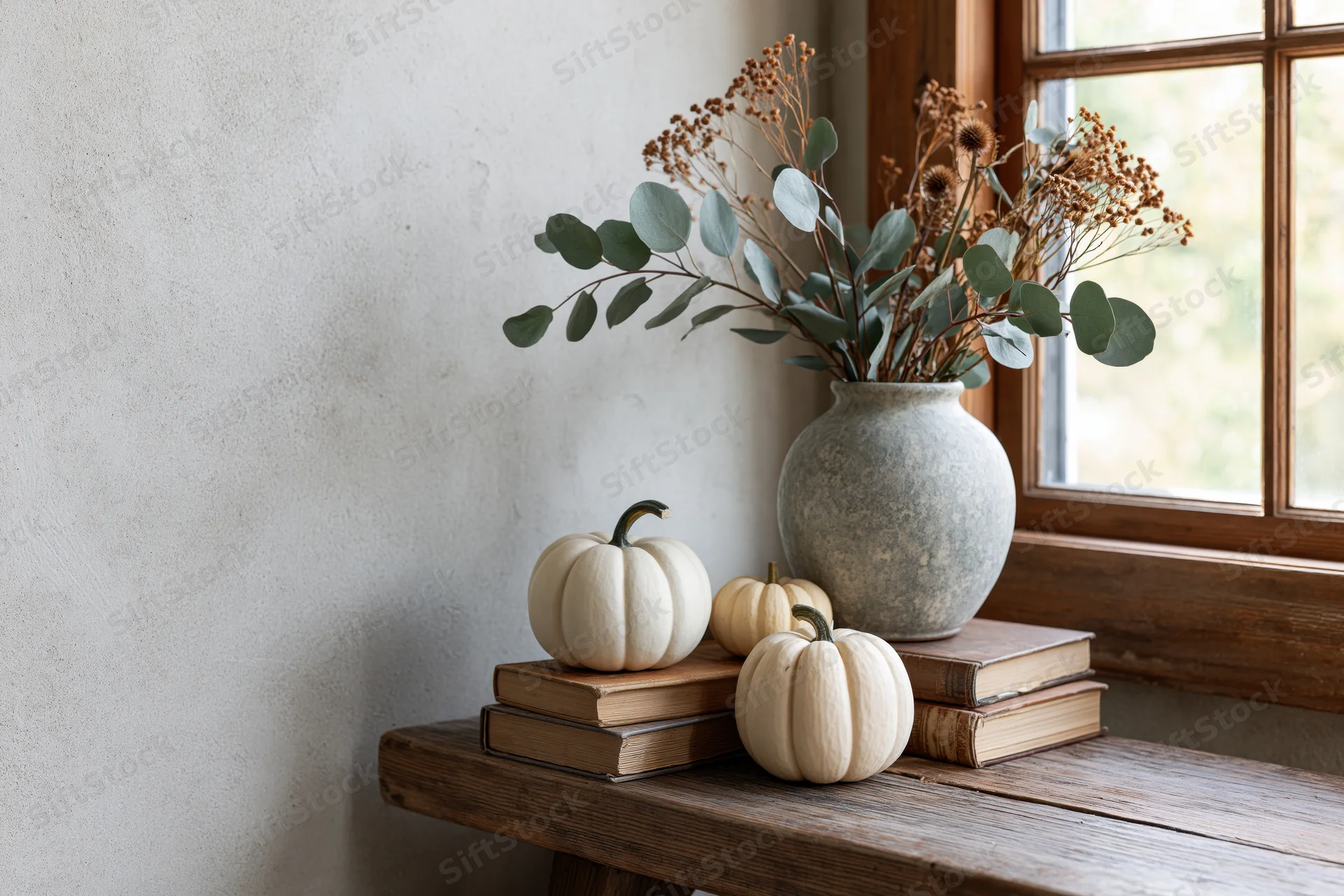 Small white pumpkins and dried flowers in a ceramic vase arranged on a rustic wooden bench by a window