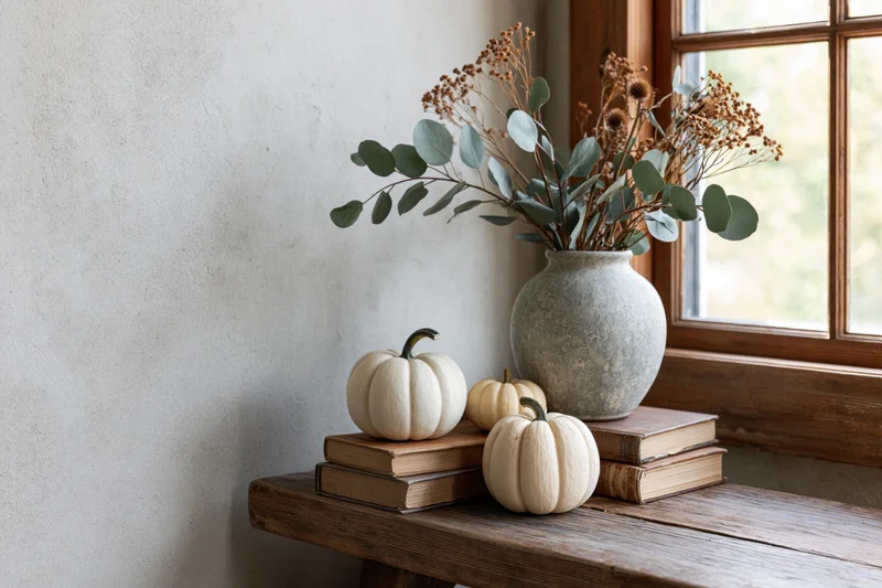 Small white pumpkins and dried flowers in a ceramic vase arranged on a rustic wooden bench by a window