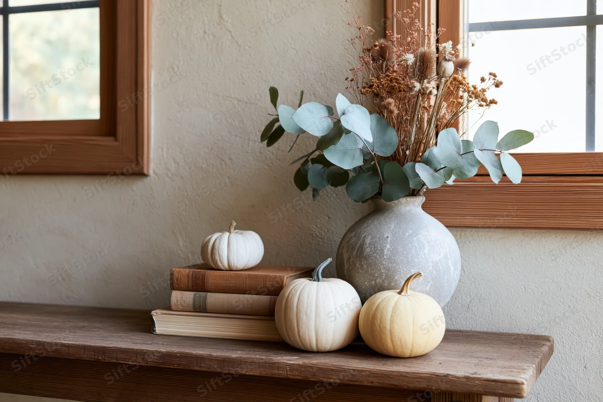 Small white and cream pumpkins with dried flowers in a vase arranged on a rustic wooden bench near a window
