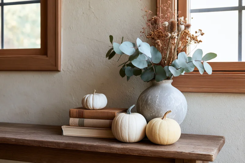 Small white and cream pumpkins with dried flowers in a vase arranged on a rustic wooden bench near a window