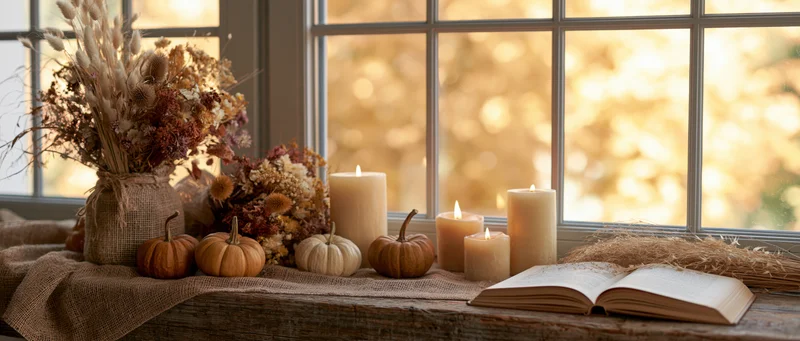 Rustic wooden windowsill with lit candles, small pumpkins, dried flowers, and open book, bathed in warm golden light from autumn trees outside