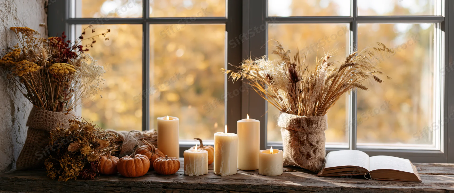 Rustic wooden windowsill with lit candles, dried flowers, pumpkins and open book by autumn window