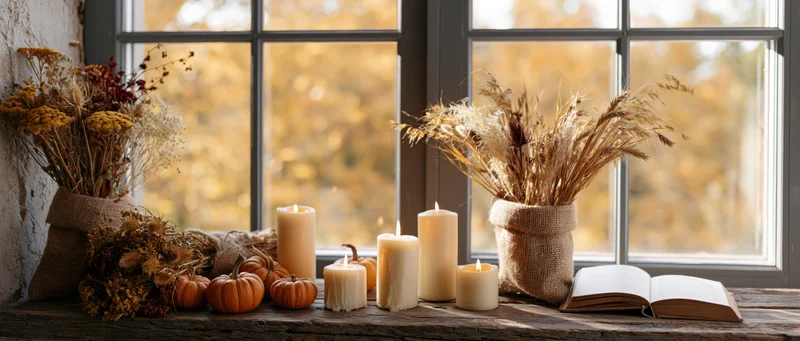 Rustic wooden windowsill with lit candles, dried flowers, pumpkins and open book by autumn window