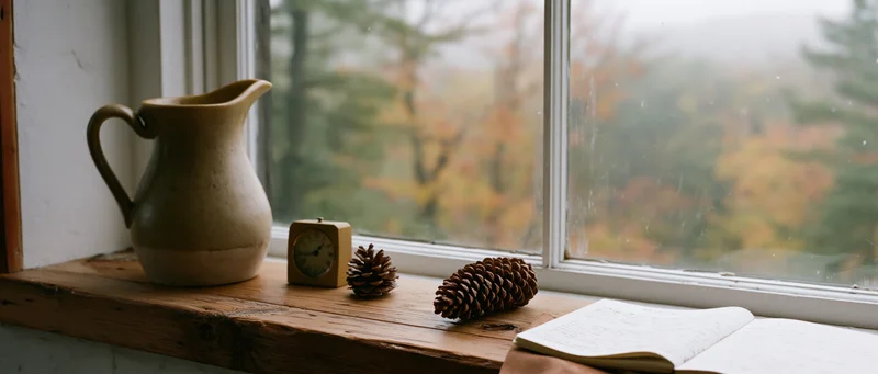 Rustic wooden windowsill with ceramic pitcher, pinecones, small clock, and open book beside a window overlooking autumn trees in mist