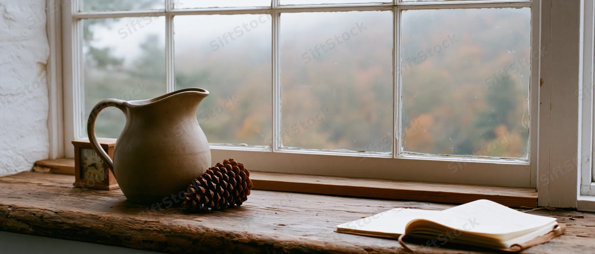 Ceramic pitcher and pinecone on rustic wooden windowsill with open book, overlooking foggy autumn forest