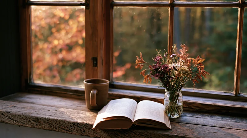 Open book and ceramic mug on rustic wooden windowsill with dried flowers in glass vase, autumn foliage visible through window