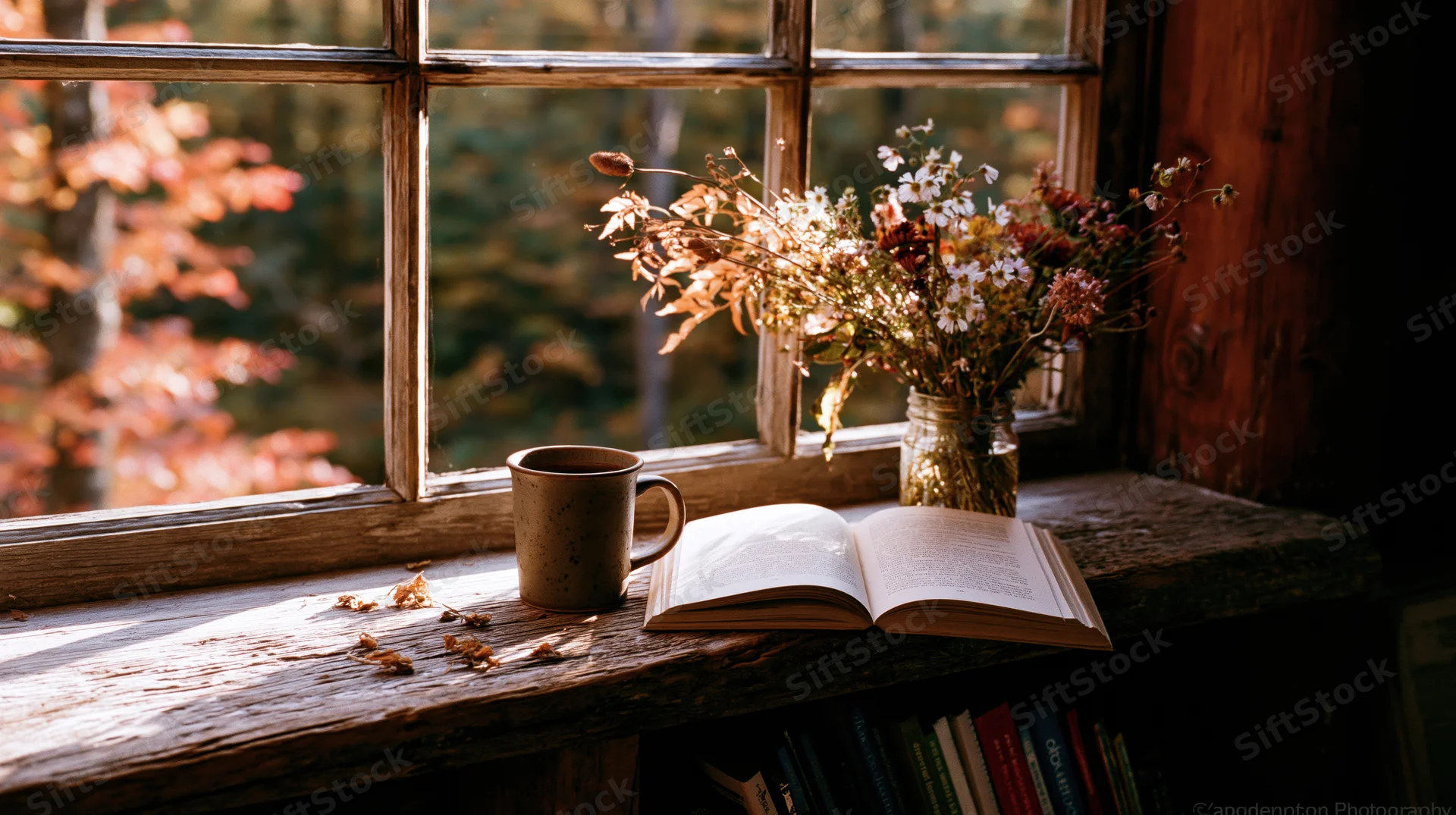 Open book and ceramic mug on rustic wooden windowsill with dried flowers in glass jar, sunlight streaming through window overlooking autumn trees