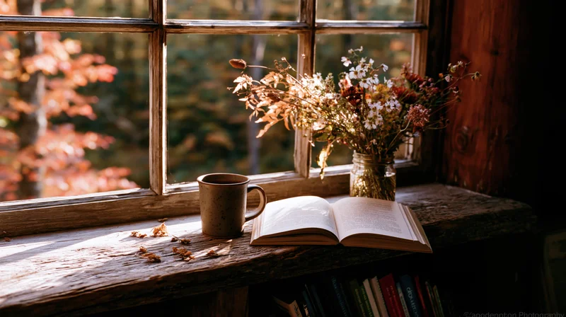 Open book and ceramic mug on rustic wooden windowsill with dried flowers in glass jar, sunlight streaming through window overlooking autumn trees