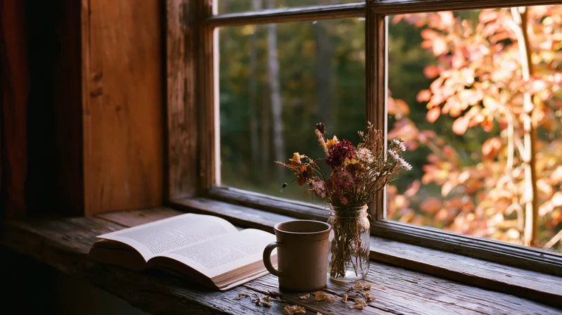 Open book and ceramic mug on rustic wooden windowsill beside dried flowers in glass jar with autumn foliage outside