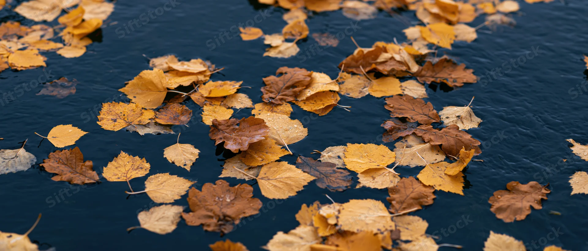 Autumn leaves floating on dark still water