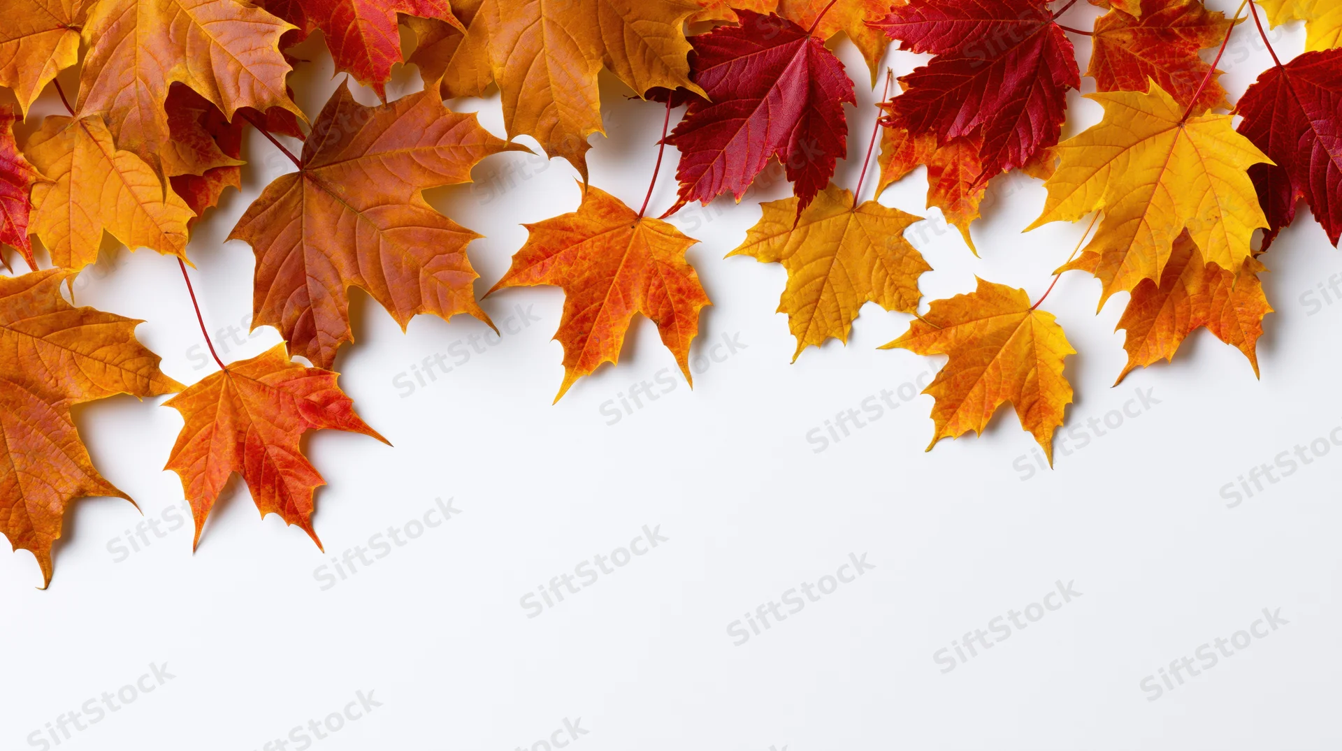 Scattered maple leaves in autumn colors arranged along the top edge of a white surface