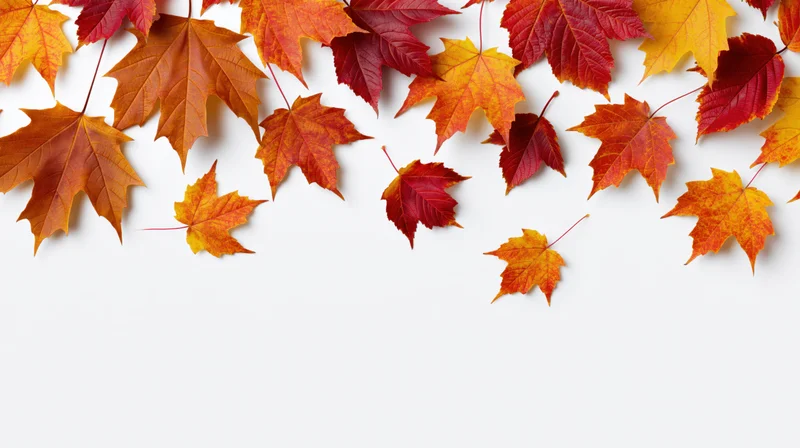 Scattered maple leaves in autumn colors floating above white background with copyspace