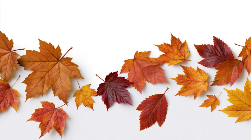 Scattered autumn maple leaves arranged in a row on a white background with copyspace