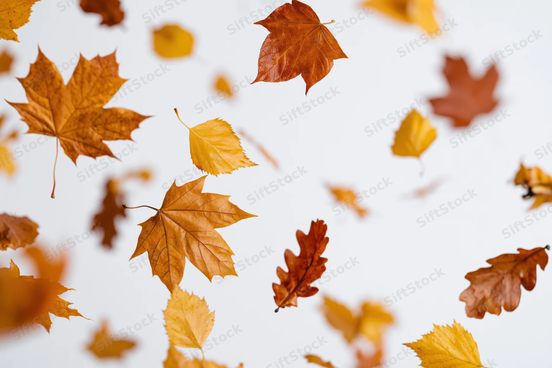 Autumn leaves floating and falling against a white background