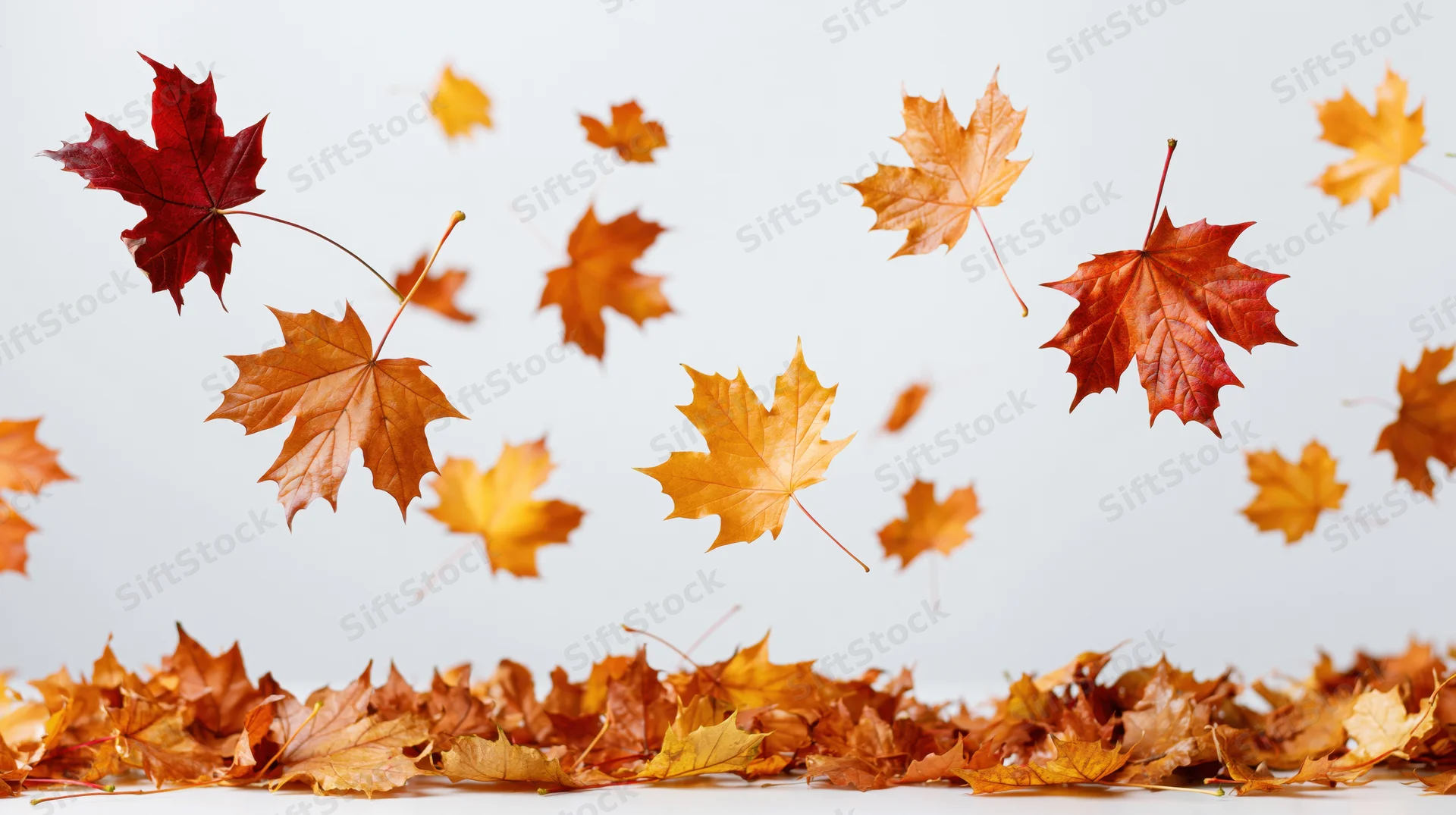 Maple leaves floating in midair above a pile on a white surface